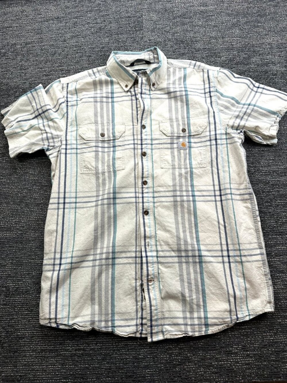 Carhartt Mens L Tall Loose Fit Short Sleeve Plaid Button Down Shirt White Blue